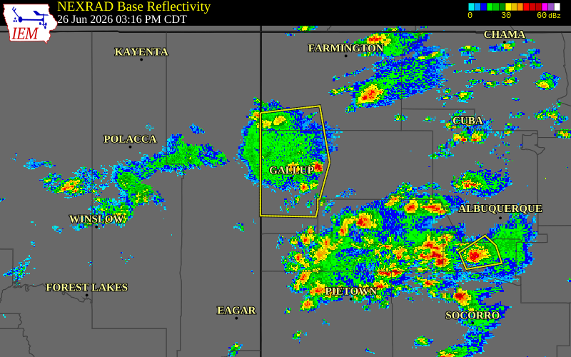 Radar snapshot during the Jun 26, 2026 wind event near 1 WSW Allison, McKinley County, New Mexico, with NWS warning polygons