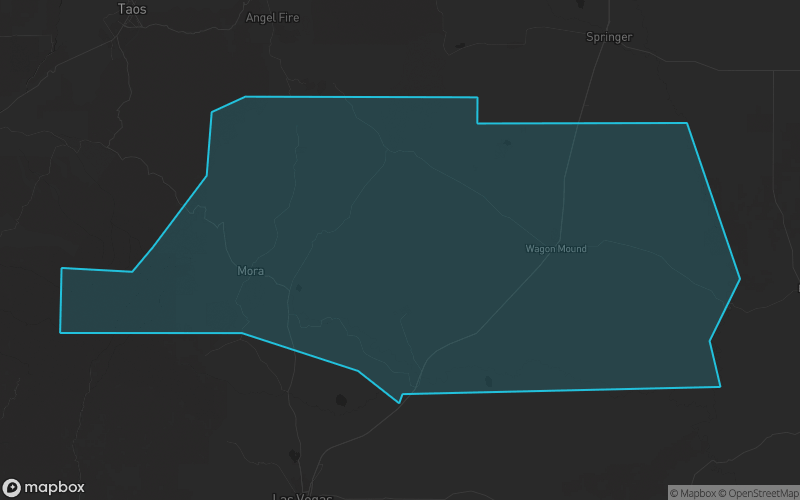 Map of Mora County, New Mexico showing the county boundary and surrounding cities