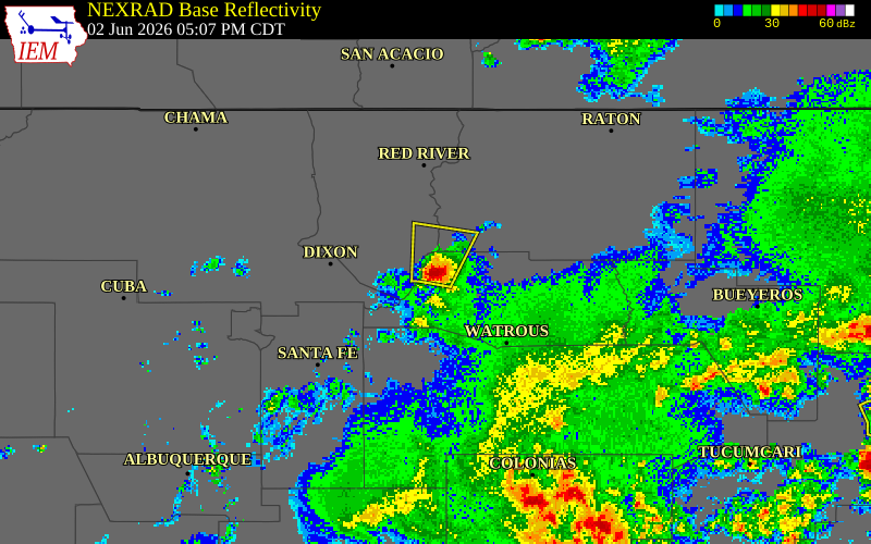 NEXRAD radar during the Tuesday, June 2, 2026 storm activity in Mora County, New Mexico