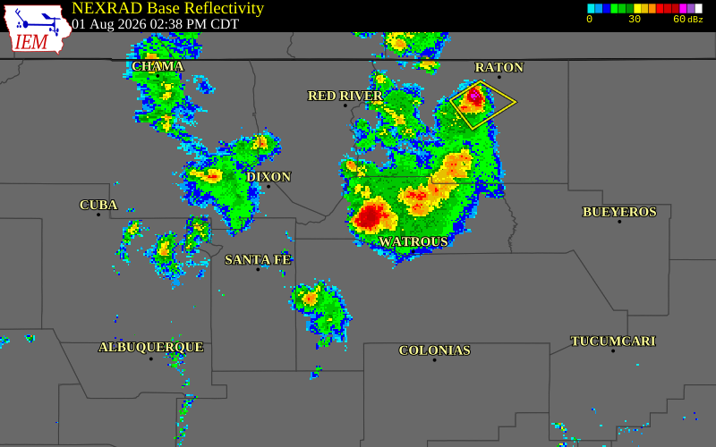NEXRAD radar during the Saturday, August 1, 2026 storm activity in Mora County, New Mexico
