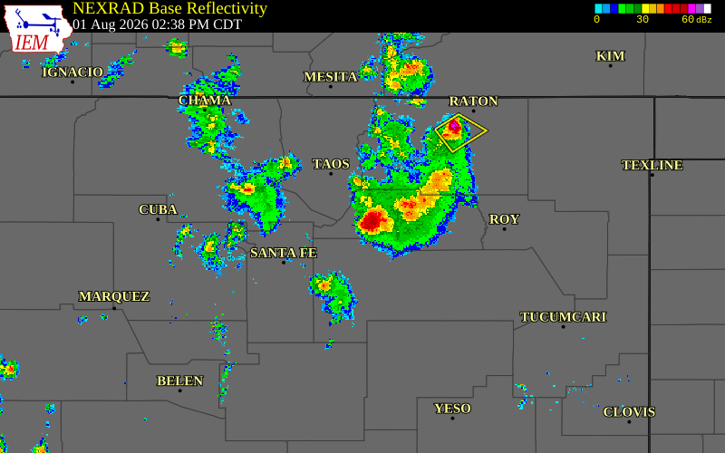 Radar snapshot during the Aug 1, 2026 hail event near Mora, Mora County, New Mexico, with NWS warning polygons