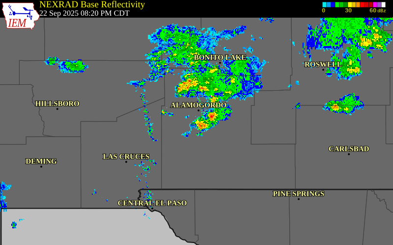 NEXRAD radar during the Monday, September 22, 2025 storm activity in Otero County, New Mexico