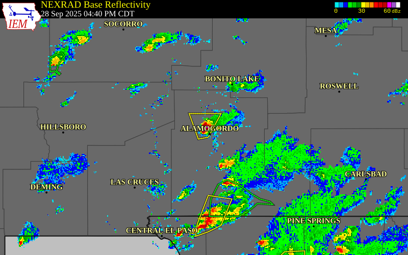 NEXRAD radar during the Sunday, September 28, 2025 storm activity in Otero County, New Mexico