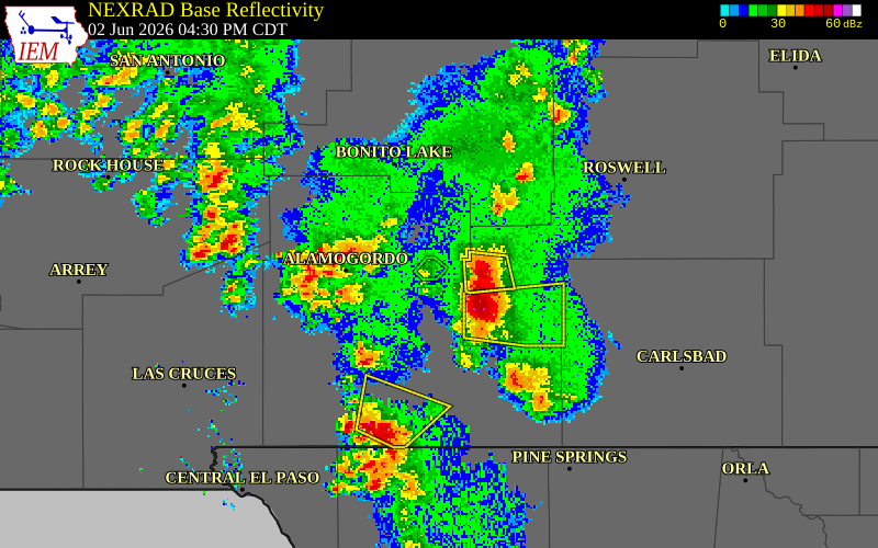 NEXRAD radar during the Tuesday, June 2, 2026 storm activity in Otero County, New Mexico