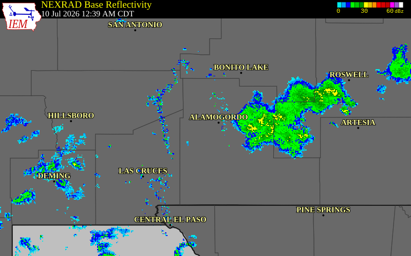 NEXRAD radar during the Thursday, July 9, 2026 storm activity in Otero County, New Mexico