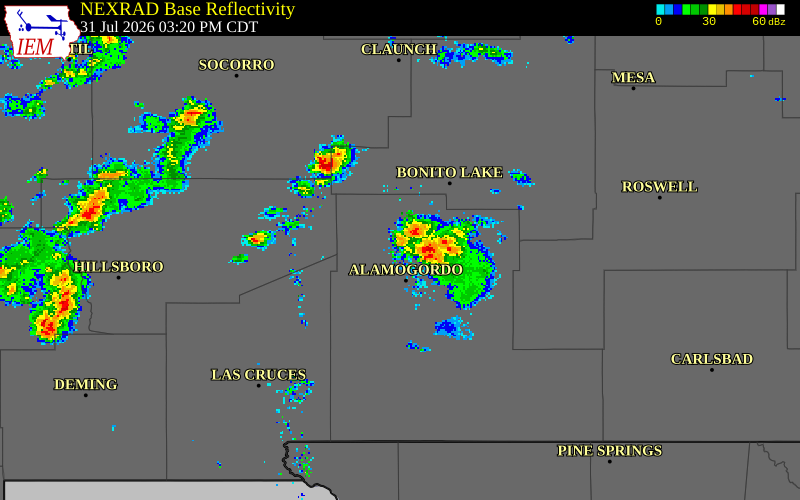 NEXRAD radar during the Friday, July 31, 2026 storm activity in Otero County, New Mexico
