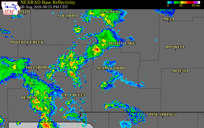 NEXRAD radar during the Thursday, August 6, 2026 storm activity in Otero County, New Mexico