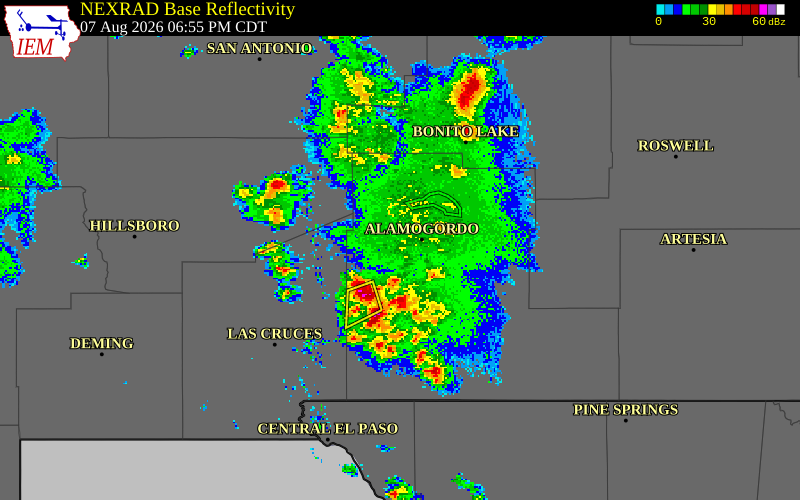 NEXRAD radar during the Friday, August 7, 2026 storm activity in Otero County, New Mexico