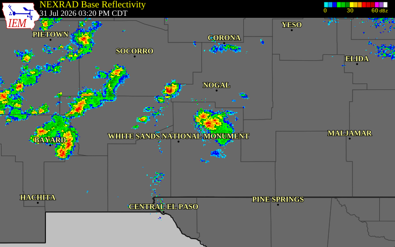 Radar snapshot during the Jul 31, 2026 tornado event near 2 E Tularosa, Otero County, New Mexico, with NWS warning polygons