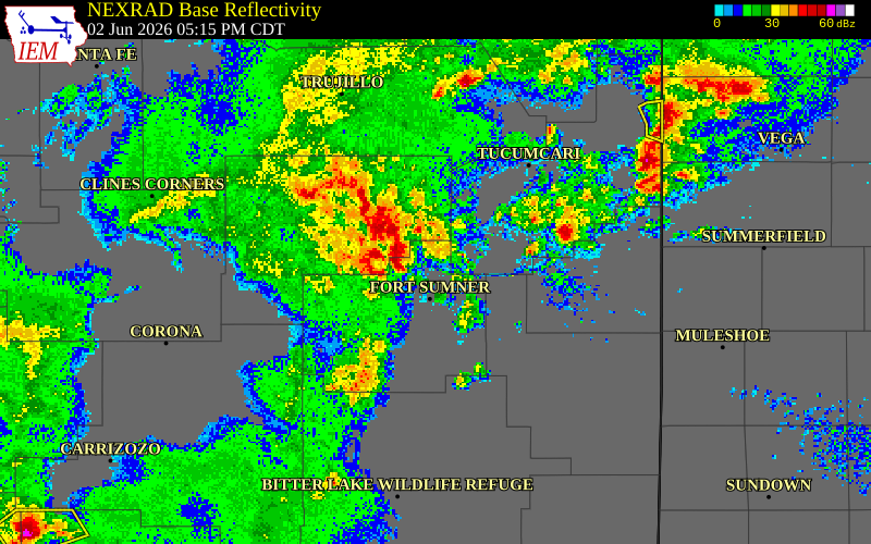 NEXRAD radar during the Tuesday, June 2, 2026 storm activity in Quay County, New Mexico