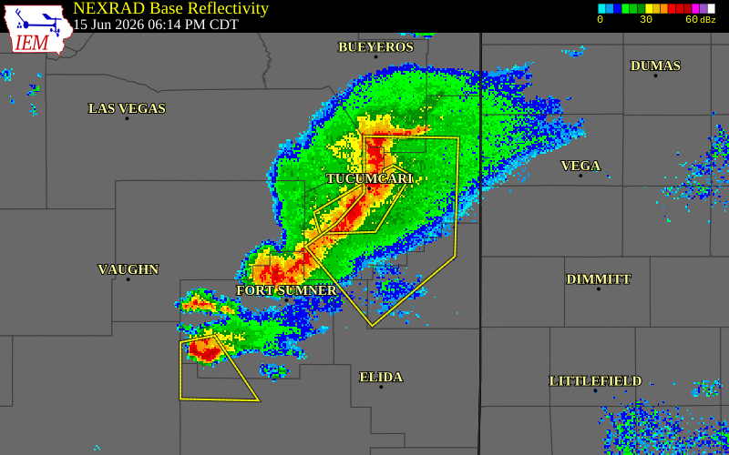 NEXRAD radar during the Monday, June 15, 2026 storm activity in Quay County, New Mexico