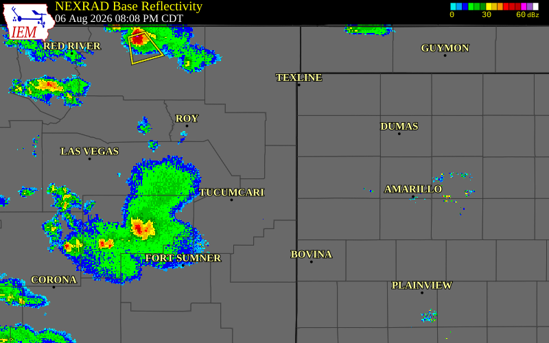 Radar snapshot during the Aug 6, 2026 wind event near 10 NE Logan, Quay County, New Mexico, with NWS warning polygons