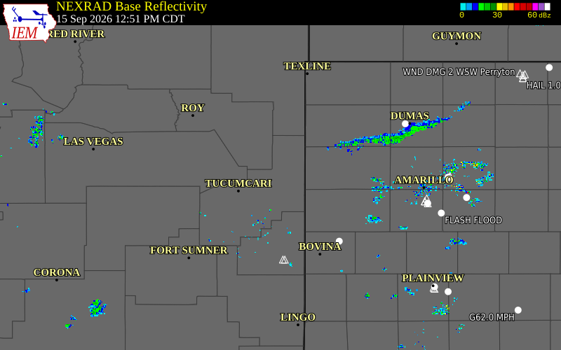 Current NEXRAD radar over Quay County, New Mexico with recent storm report locations