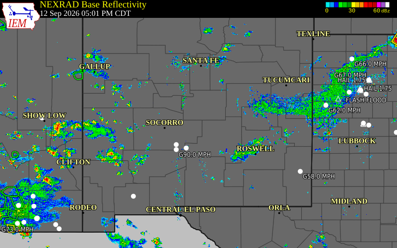 Current NEXRAD radar across New Mexico with recent storm report locations