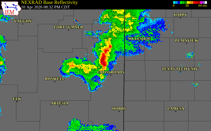 NEXRAD radar during the Friday, April 10, 2026 storm activity in Roosevelt County, New Mexico