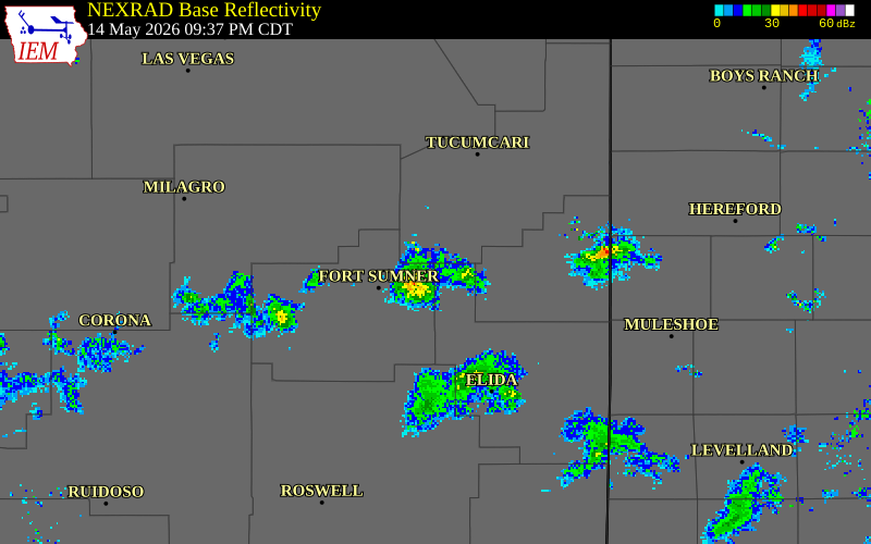 NEXRAD radar during the Thursday, May 14, 2026 storm activity in Roosevelt County, New Mexico