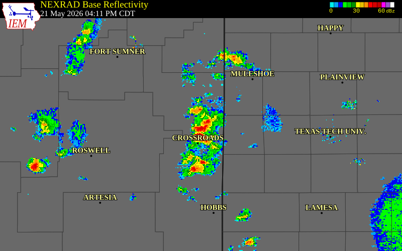 NEXRAD radar during the Thursday, May 21, 2026 storm activity in Roosevelt County, New Mexico