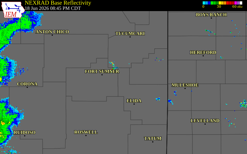 NEXRAD radar during the Thursday, June 18, 2026 storm activity in Roosevelt County, New Mexico