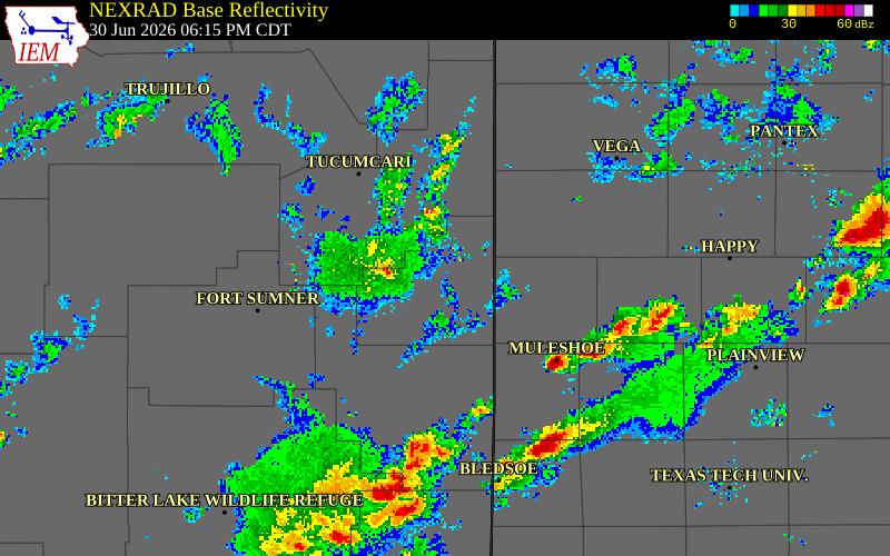 NEXRAD radar during the Tuesday, June 30, 2026 storm activity in Roosevelt County, New Mexico