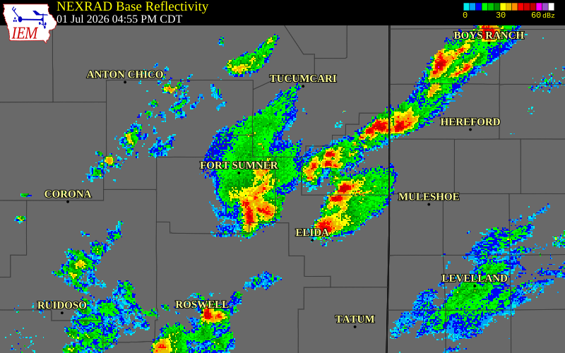 NEXRAD radar during the Wednesday, July 1, 2026 storm activity in Roosevelt County, New Mexico