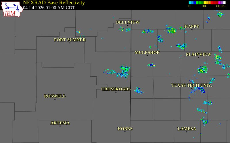 NEXRAD radar during the Saturday, July 4, 2026 storm activity in Roosevelt County, New Mexico