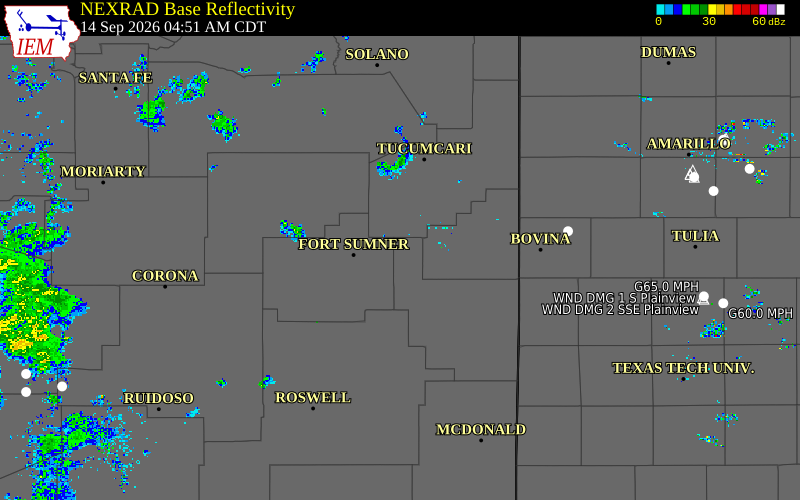 Current NEXRAD radar over Roosevelt County, New Mexico with recent storm report locations