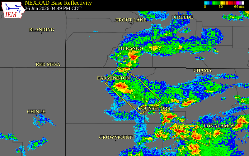 NEXRAD radar during the Friday, June 26, 2026 storm activity in San Juan County, New Mexico
