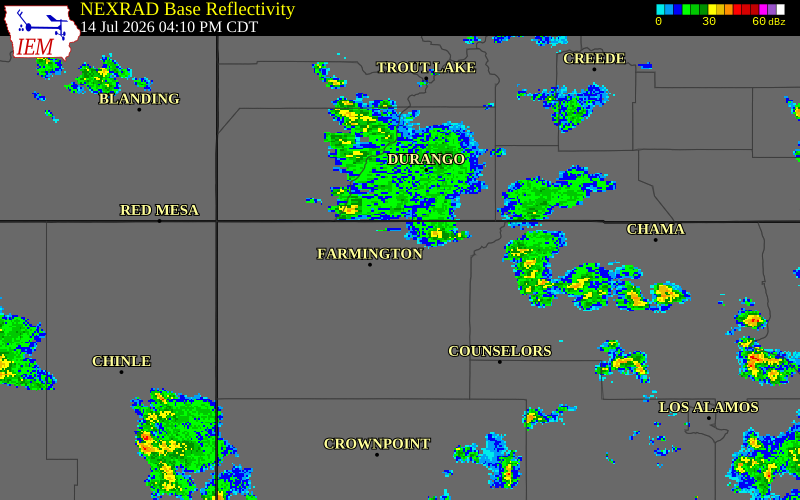 NEXRAD radar during the Tuesday, July 14, 2026 storm activity in San Juan County, New Mexico