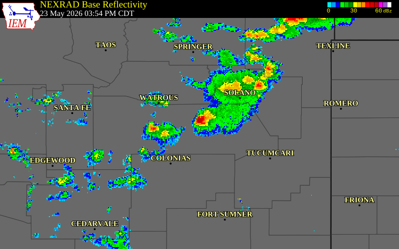 NEXRAD radar during the Saturday, May 23, 2026 storm activity in San Miguel County, New Mexico