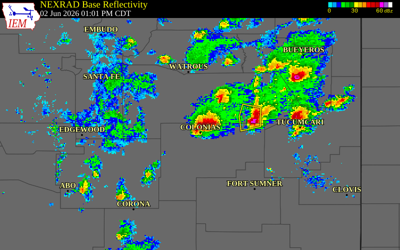 NEXRAD radar during the Tuesday, June 2, 2026 storm activity in San Miguel County, New Mexico