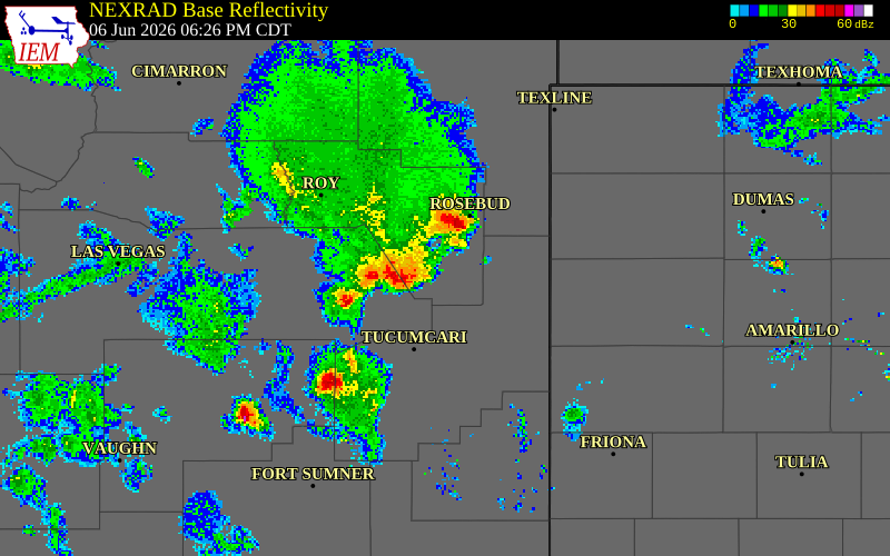 NEXRAD radar during the Saturday, June 6, 2026 storm activity in San Miguel County, New Mexico