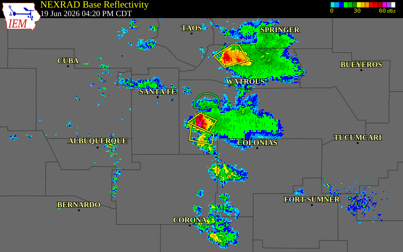 NEXRAD radar during the Friday, June 19, 2026 storm activity in San Miguel County, New Mexico