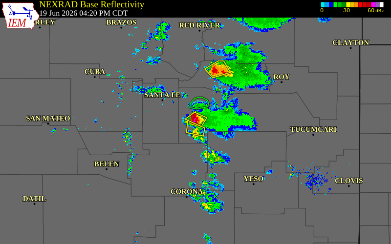 Radar snapshot during the Jun 19, 2026 hail event near 1 WSW San Miguel, San Miguel County, New Mexico, with NWS warning polygons