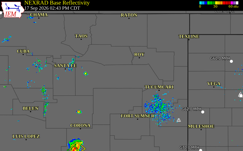 Current NEXRAD radar over San Miguel County, New Mexico with recent storm report locations