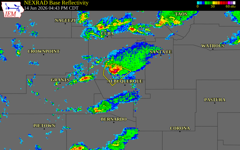 NEXRAD radar during the Sunday, June 14, 2026 storm activity in Sandoval County, New Mexico