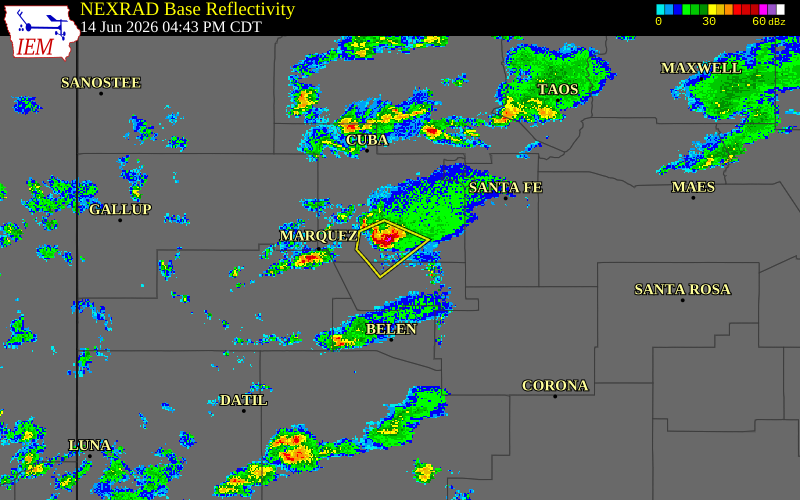Radar snapshot during the Jun 14, 2026 wind event near Northern Meadows, Sandoval County, New Mexico, with NWS warning polygons