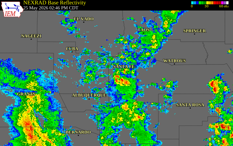 NEXRAD radar during the Monday, May 25, 2026 storm activity in Santa Fe County, New Mexico