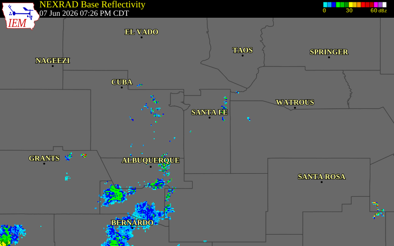NEXRAD radar during the Sunday, June 7, 2026 storm activity in Santa Fe County, New Mexico