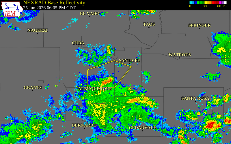 NEXRAD radar during the Thursday, June 25, 2026 storm activity in Santa Fe County, New Mexico