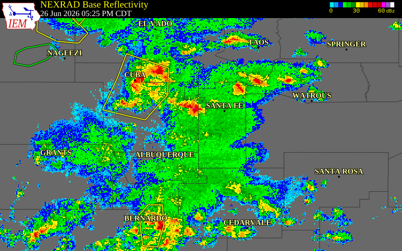 NEXRAD radar during the Friday, June 26, 2026 storm activity in Santa Fe County, New Mexico