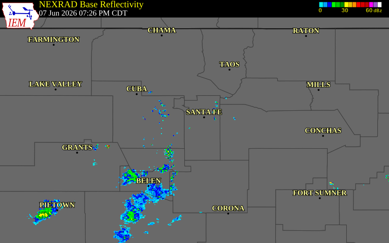 Radar snapshot during the Jun 7, 2026 wind event near 4 NNE La Cienega, Santa Fe County, New Mexico, with NWS warning polygons