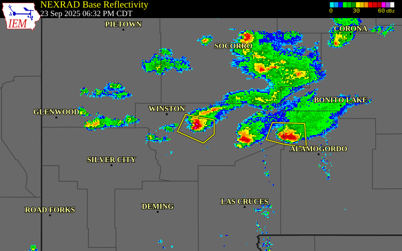 NEXRAD radar during the Tuesday, September 23, 2025 storm activity in Sierra County, New Mexico