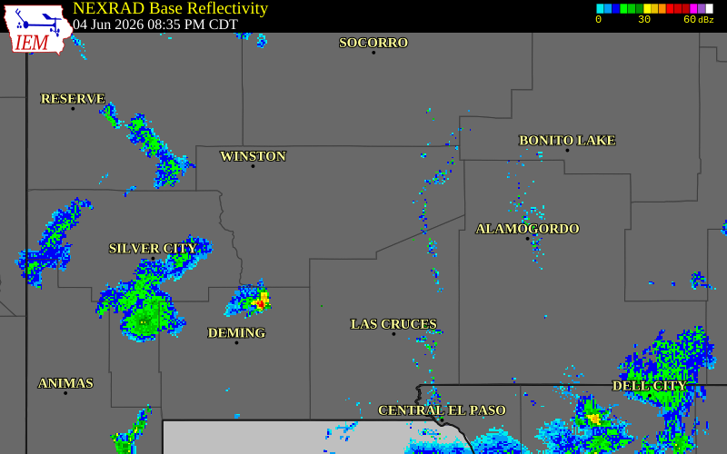 NEXRAD radar during the Thursday, June 4, 2026 storm activity in Sierra County, New Mexico