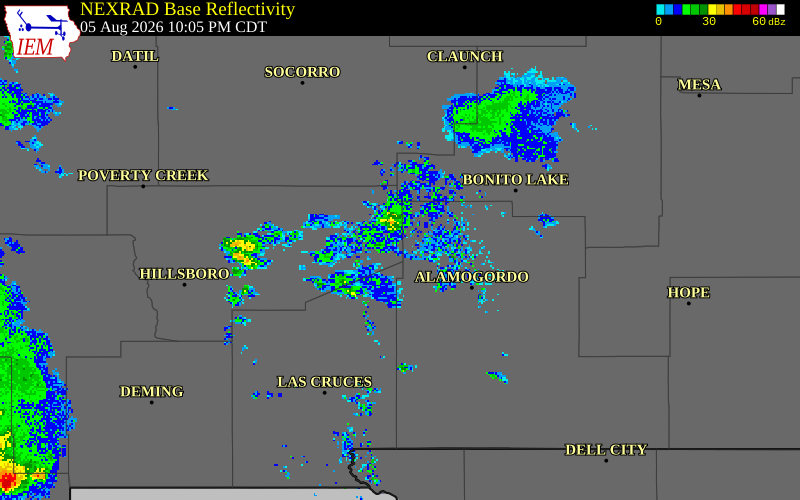 NEXRAD radar during the Wednesday, August 5, 2026 storm activity in Sierra County, New Mexico