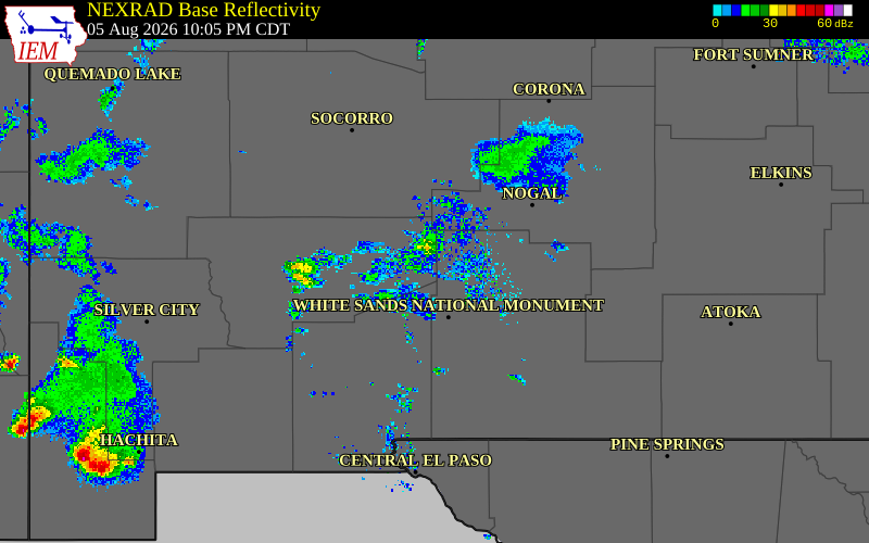 Radar snapshot during the Aug 5, 2026 wind event near 20 W Tularosa, Sierra County, New Mexico, with NWS warning polygons