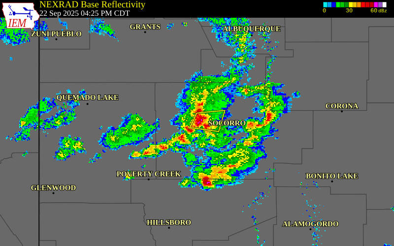 NEXRAD radar during the Monday, September 22, 2025 storm activity in Socorro County, New Mexico