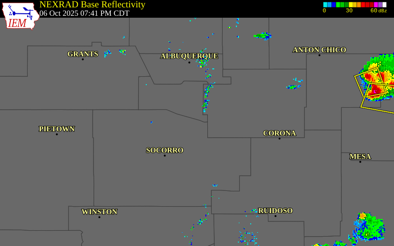 NEXRAD radar during the Monday, October 6, 2025 storm activity in Socorro County, New Mexico