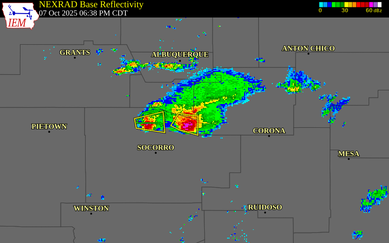 NEXRAD radar during the Tuesday, October 7, 2025 storm activity in Socorro County, New Mexico