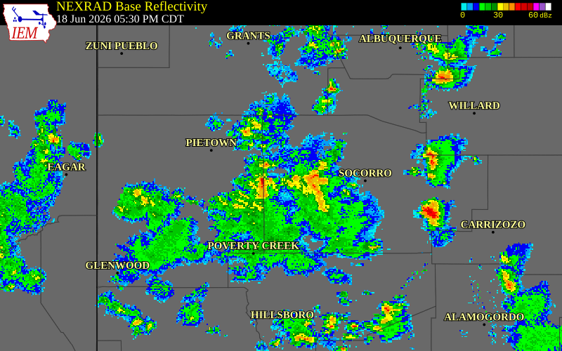 NEXRAD radar during the Thursday, June 18, 2026 storm activity in Socorro County, New Mexico