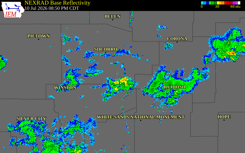 NEXRAD radar during the Friday, July 10, 2026 storm activity in Socorro County, New Mexico